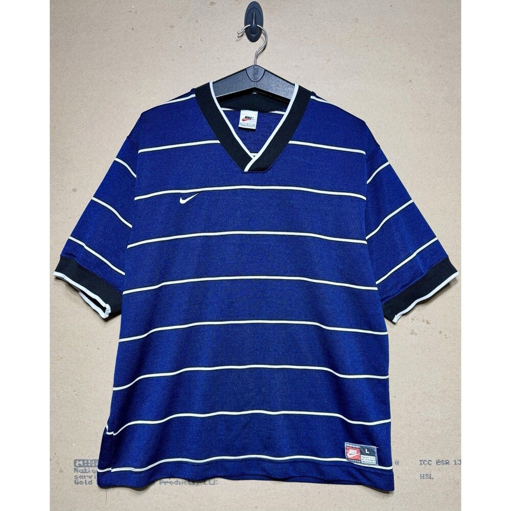 Vtg 90s Nike Soccer Jersey Large Navy Blue Striped Made USA Red Swoosh White Tag